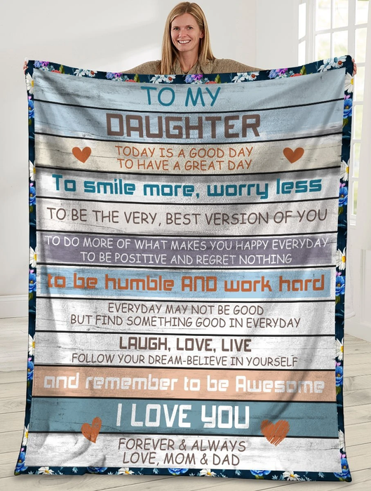 Personalized Vintage Wooden Fleece Blanket To My Daughter From Mom & Dad To Smile More Worry Less Throw Blankets