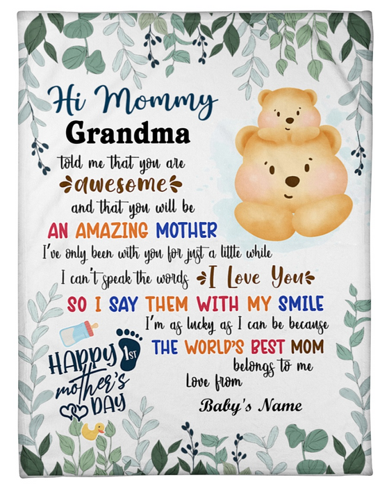 Personalized Fleece Blanket For Mom Print Bear Cute Floral Blanket First Mothers Day Gift Customized Blanket Gift For Mothers Day Thanksgiving