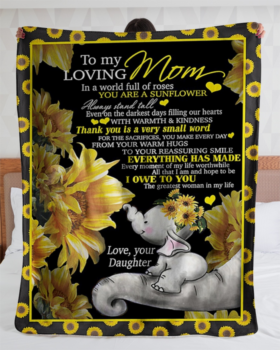 Personalized Fleece Blanket For Mom Print Sunflower And Cute Elephant Love Quote For Mother Customized Blanket Gift For Mothers Day