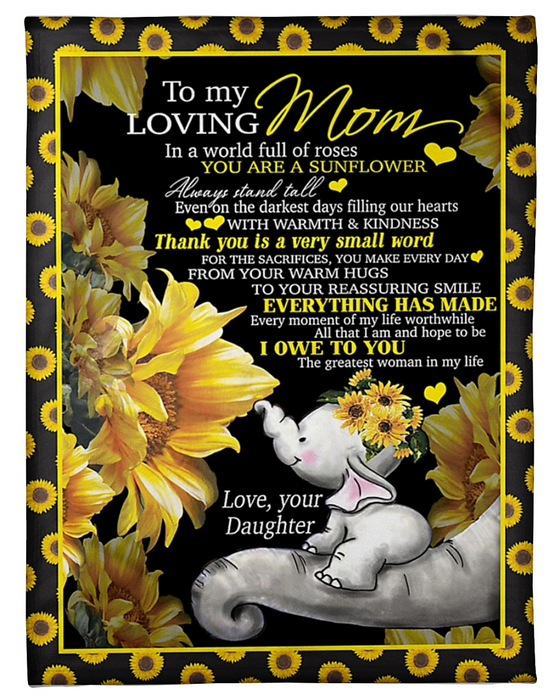 Personalized Fleece Blanket For Mom Print Sunflower And Cute Elephant Love Quote For Mother Customized Blanket Gift For Mothers Day