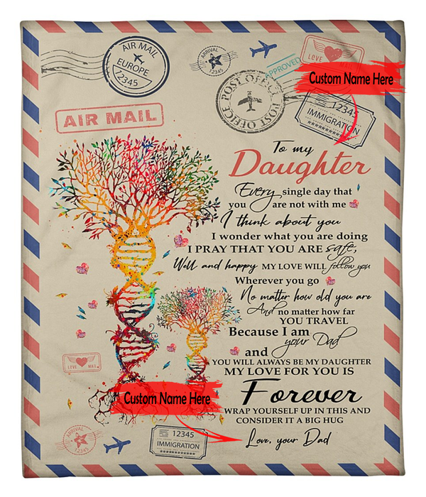 Personalized Fleece Blanket For Daughter Airmail Letter Vintage From Dad Print DNA Tree Customized Blanket Gift For Birthday Graduation