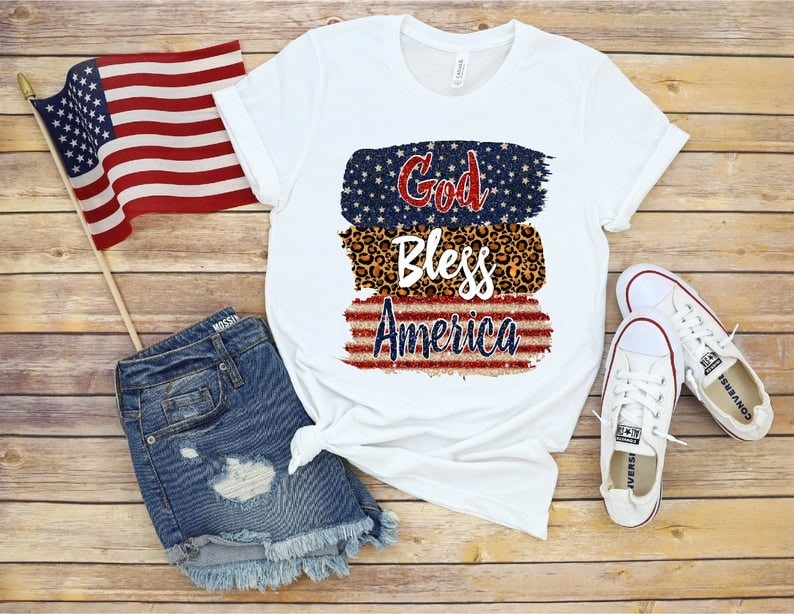 Leopard God Bless America Shirt for Women Girl Vintage USA Flag Painting Shirts 4th Of July