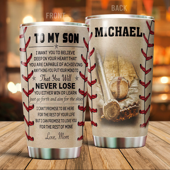 Personalized To My Son Tumbler From Dad Mom Baseball Lovers Vintage Never Losing Custom Name Travel Cup Birthday Gifts