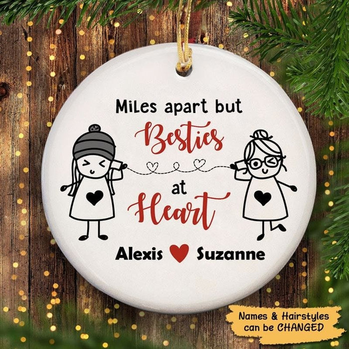 Personalized Miles Apart But Bestie At Heart Ornament For Relationship BFF Friend Custom Name Long Distance Ornament
