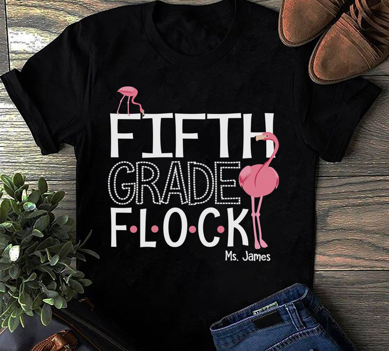 Personalized T-Shirt For Teacher Fifth Grade Flock Pink Flamingo Printed Custom Name Back To School Outfit