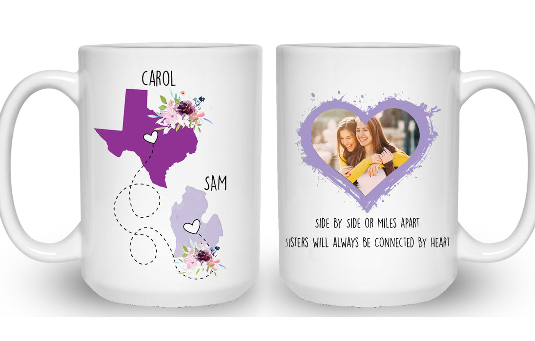 Personalized Coffee Mug For Sister Side By Side Or Miles Apart Flowers Custom Name & Photo Cup State To State Map Gifts