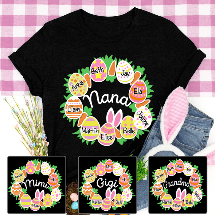 Personalized T-Shirt For Grandma Nana Colorful Eggs & Carrot Printed Custom Grandkids Name Happy Easter Day Shirt
