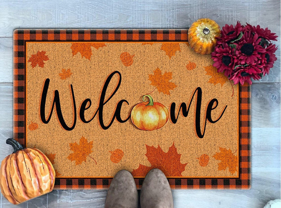 Welcome Doormat For Fall Lovers Cute Pumpkin And Maple Leaves Printed Plaid Design Orange Doormat For Home Decor