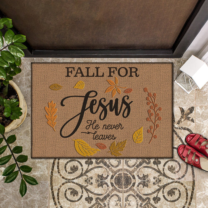 Welcome Doormat For Christian Lovers Fall For Jesus He Never Leaves Maple Leaves Printed Thanksgiving Doormat