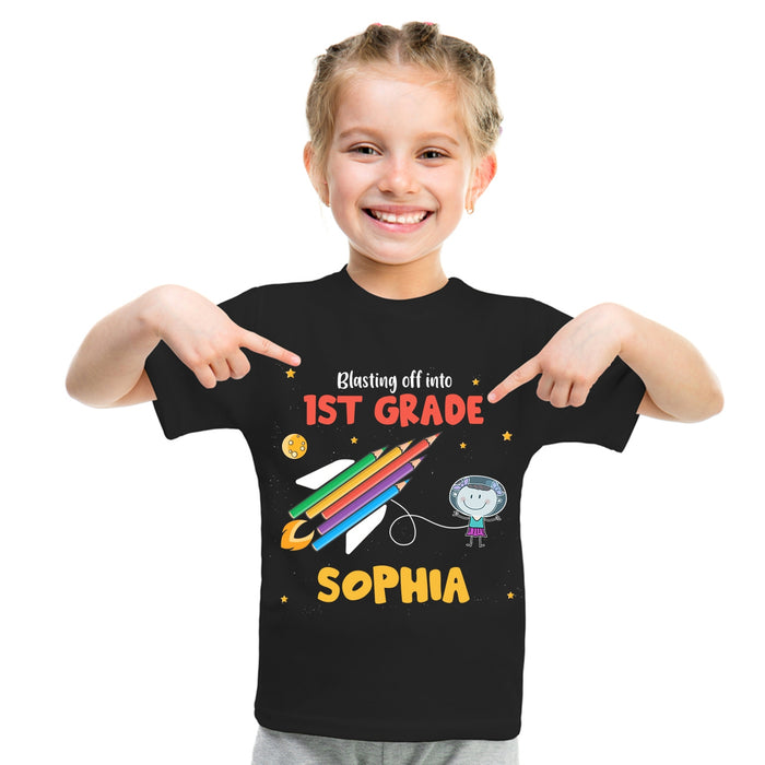 Personalized T-Shirt For Kids Blasting Into Pencil Spaceship Design Custom Name & Grade Level Back To School Outfit