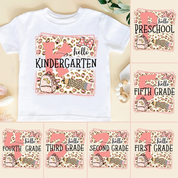 Personalized T-Shirt For Kids Hello Kindergarten Leopard Design Backpack Pencil Back To School Outfit Custom Grade Level