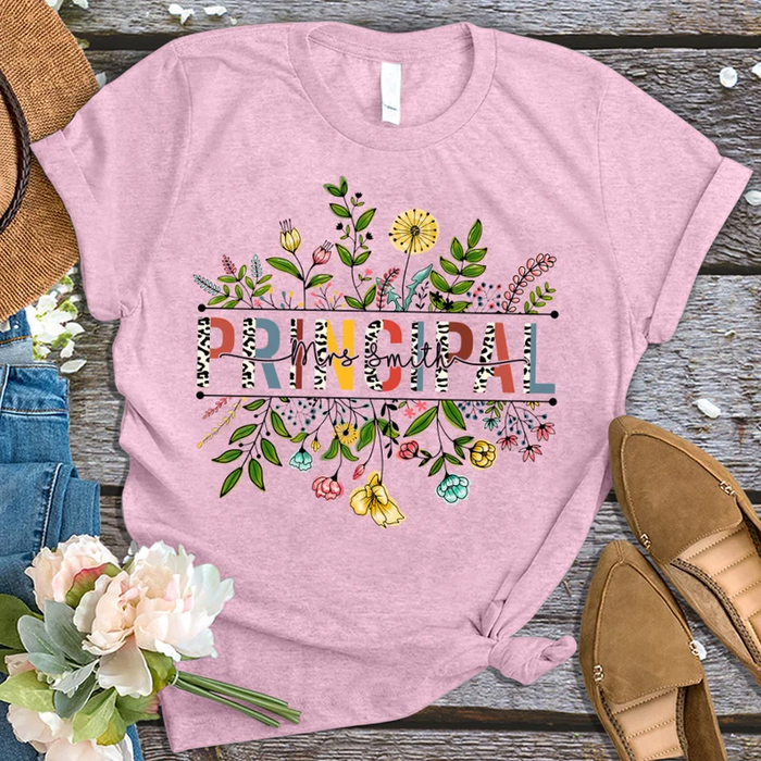 Personalized Unisex T-Shirt For Principle Colorful Flowers & Leopard Design Custom Name Back To School Outfit