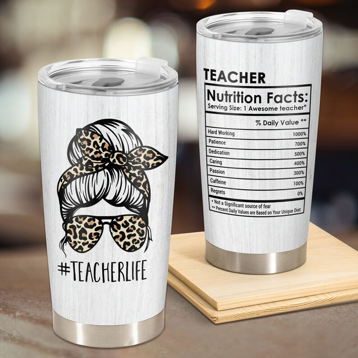 Personalized Tumbler For Teacher Leopard Messy Bun Teacher Nutrition Facts Custom Name Travel Cup Back To School Gifts