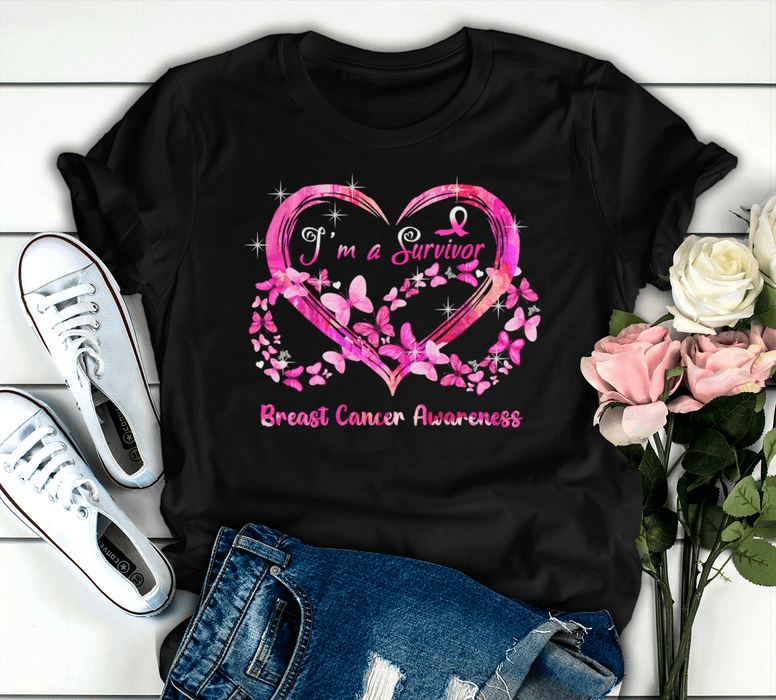Breast Cancer Awareness T-Shirt For Girl Women Butterflies I'm A Survivor Shirt For Cancer Support Inspirational Gifts
