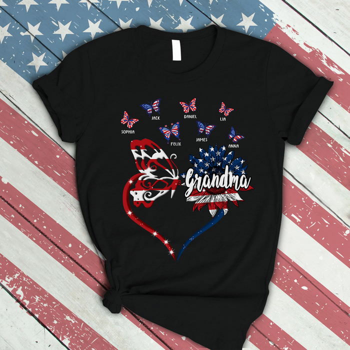 Personalized T-Shirt For Grandma American Flag Design Sunflower & Butterfly Heart Printed Custom Grandkids Name