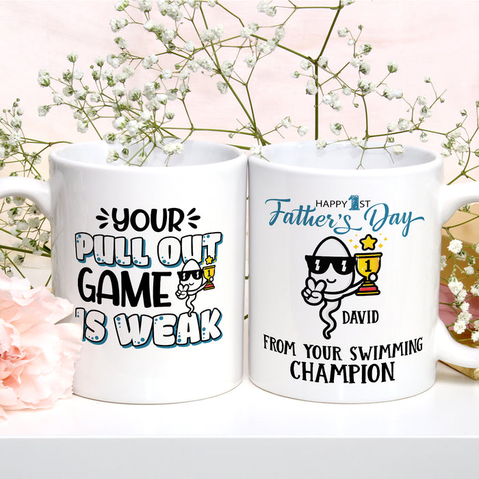 Personalized White Ceramic Coffee Mug For New Dad Weak Pull Out Game Funny Baby Bump Custom Kids Name 11 15oz Cup