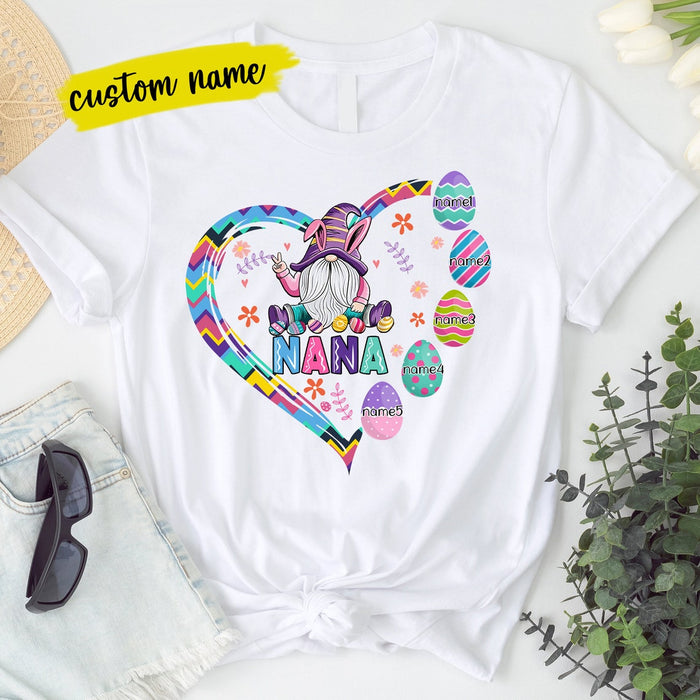 Personalized T-Shirt For Grandma Nana Bunny Gnome & Easter Eggs Heart Printed Custom Grandkids Name Easter Day Shirt