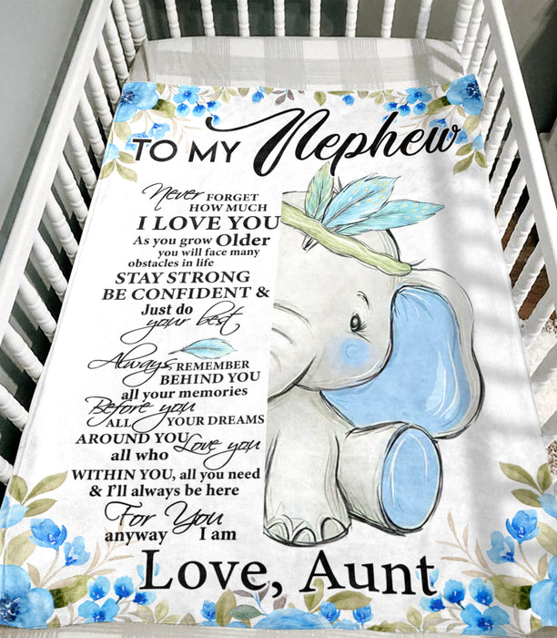 Personalized To My Nephew Blanket From Aunt Cute Baby Elephant & Blue Flower Printed Custom Name Premium Blanket For Boy