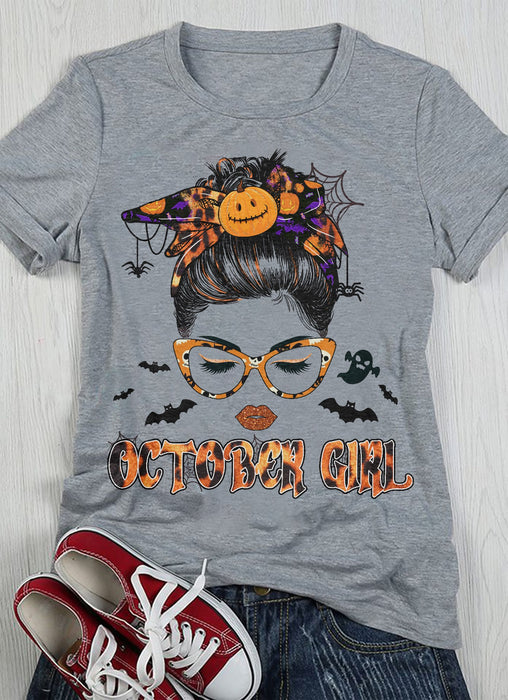Classic T-Shirt For Women October Girl Messy Bun Hair Women With Glasses Pumpkin Headband Printed Halloween Shirt