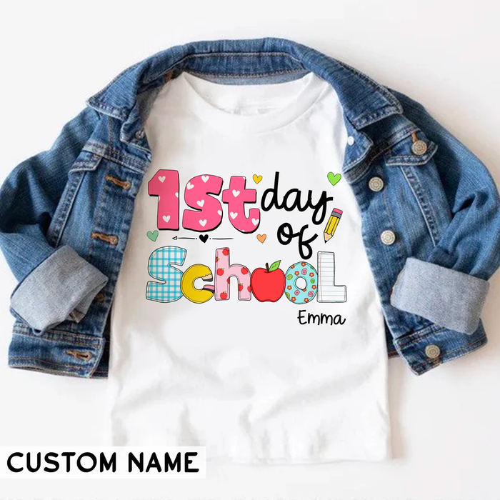 Personalized T-Shirt For Kid 1st Day Of School Colorful Design Apple Print Custom Name Back To School Outfit