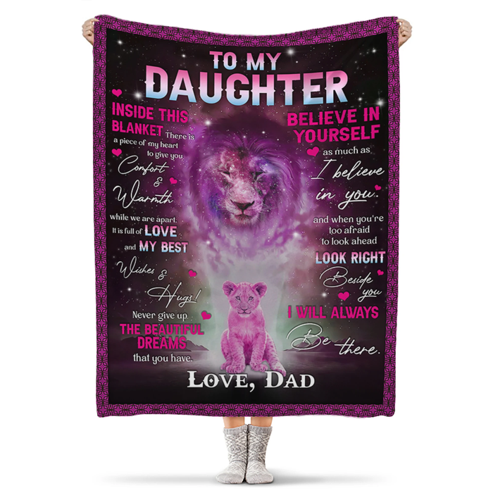 Personalized To My Daughter Blanket From Dad Inside This Blanket Is A Piece Of My Heart Old Lion & Baby Lion Printed