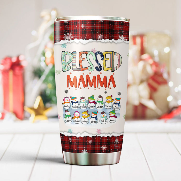 Personalized Tumbler Gifts For Grandma From Grandkids Blessed Mama Cute Snowman Red Plaid Custom Name For Christmas