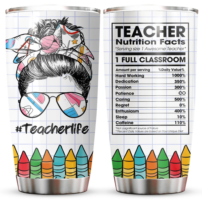 Personalized Tumbler For Teacher Messy Bun Hair Teacher Nutrition Facts Custom Name Travel Cup Gifts For Back To School