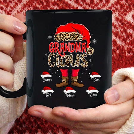 Personalized Coffee Mug Gifts For Grandmother Santa Claus Leopard Snowflake Custom Grandkids Name Christmas Black Cup
