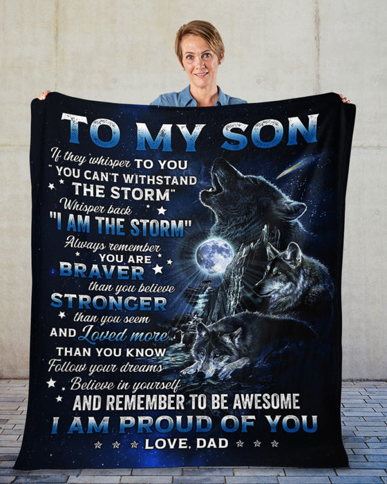 Personalized To My Son Blanket From Mom Dad Custom Name You Are Braver Stronger And Loved Wolf Gifts For Birthday