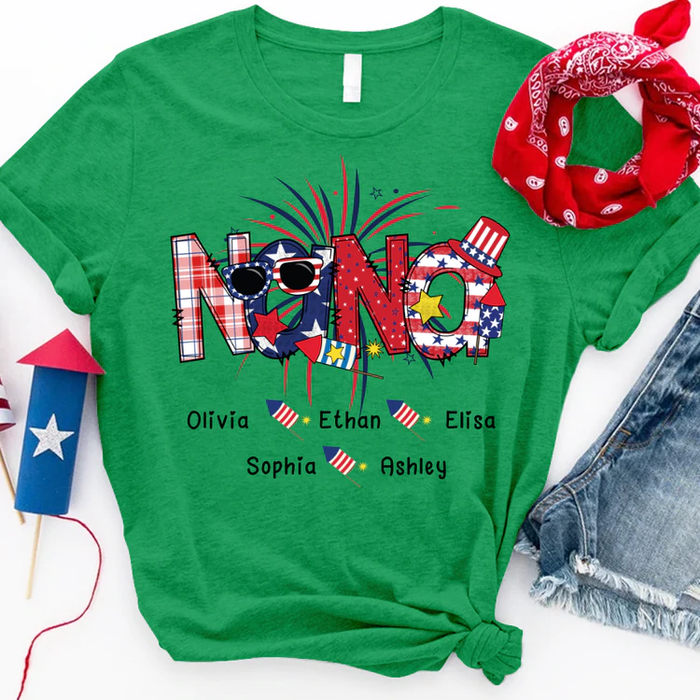 Personalized T-Shirt For Grandma Fireworks & Sunglasses Print USA Flag Design Custom Grandkids Name 4th Of July Shirt