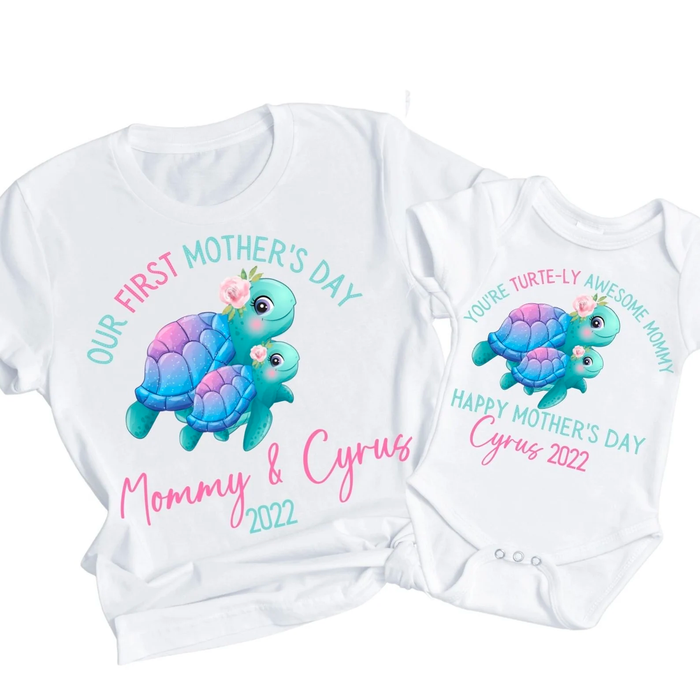 Personalized Matching T-Shirt & Baby Onesie Our First Mother'S Day Mommy & Baby Cute Turtle Printed Custom Name