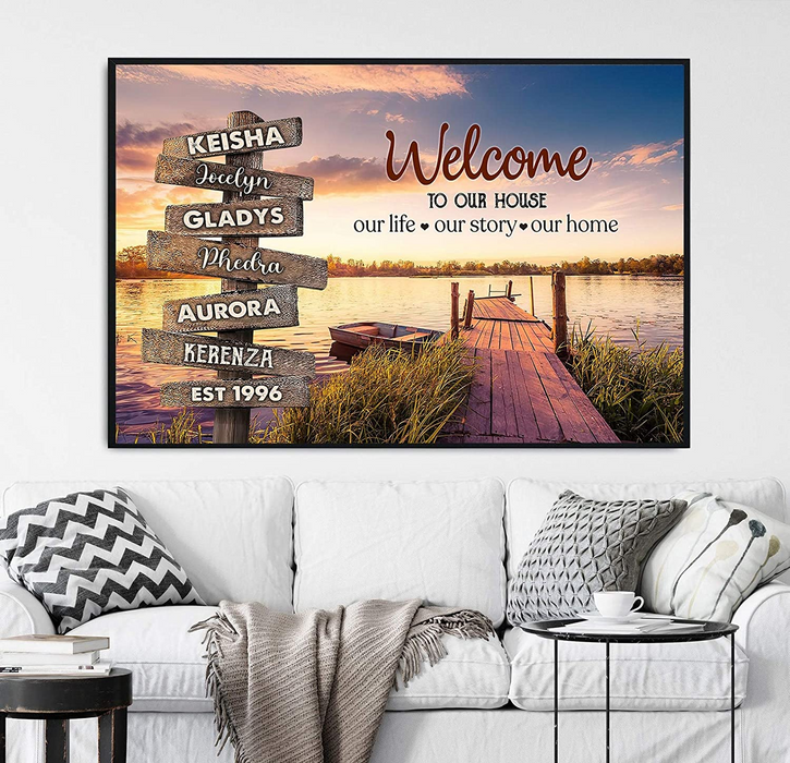 Personalized Street Sign Multi Name Canvas Poster Lake Dock Sunset Family Name Custom