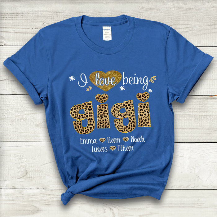 Personalized T-Shirt For Grandma I Love Being Gigi Leopard Design With Hearts Printed Custom Grandkids Name