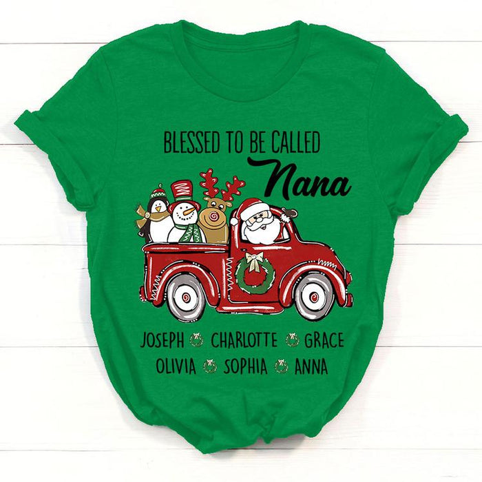 Personalized T-Shirt For Grandma Blessed To Be Called Nana Retro Red Truck With Snowmans Custom Nana And Grandkids Name