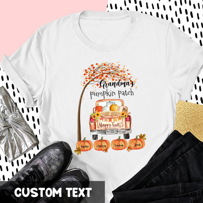 Personalized T-Shirt Grandma Pumpkin Patch Happy Fall Blessed Pumpkin Truck Printed Custom Grandkids Name Autumn Design
