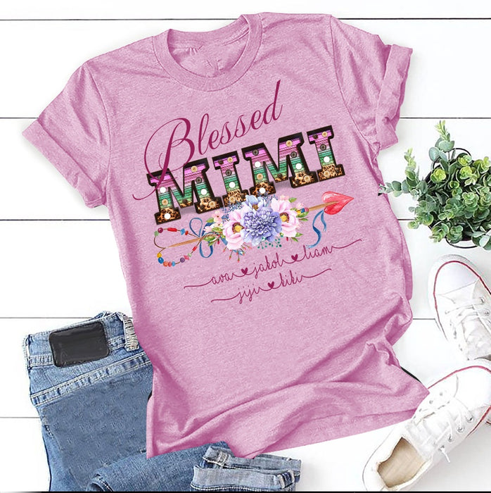 Personalized T-Shirt For Grandma Blessed Mimi Love Arrow Printed Custom Grandkids Name Shirt