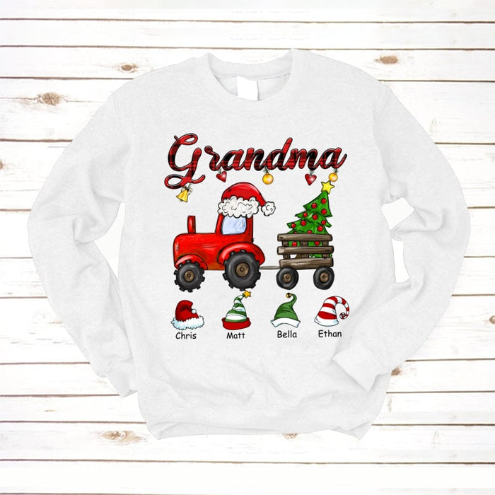 Personalized Sweatshirt & Hoodie For Grandma Red Truck Xmas Tree & Santa Elf Hat Printed Custom Grandkids Name