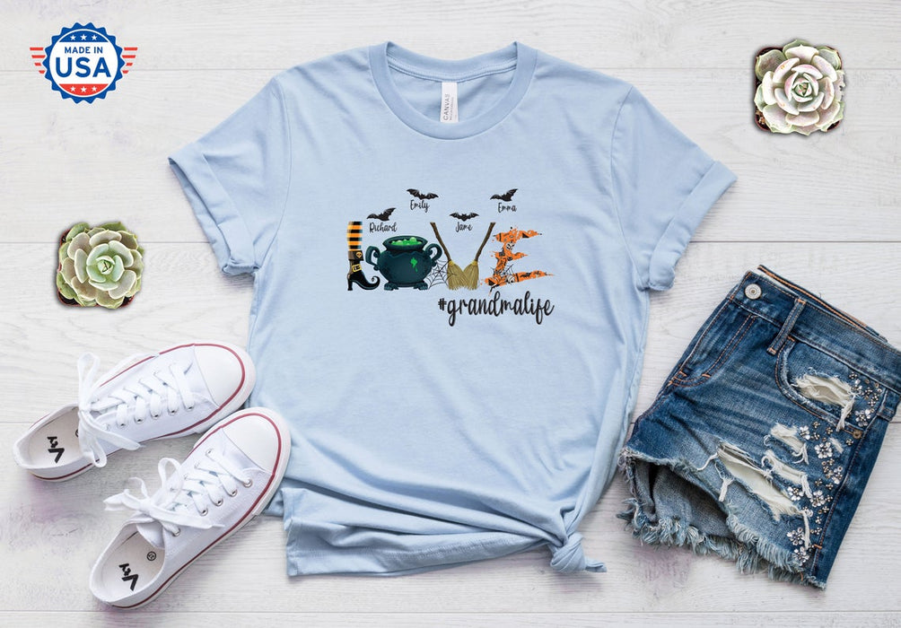 Personalized T-Shirt For Grandma Love Hashtag Grandma Life Witch Shoes Broom And Bat Printed Custom Grandkid's Name
