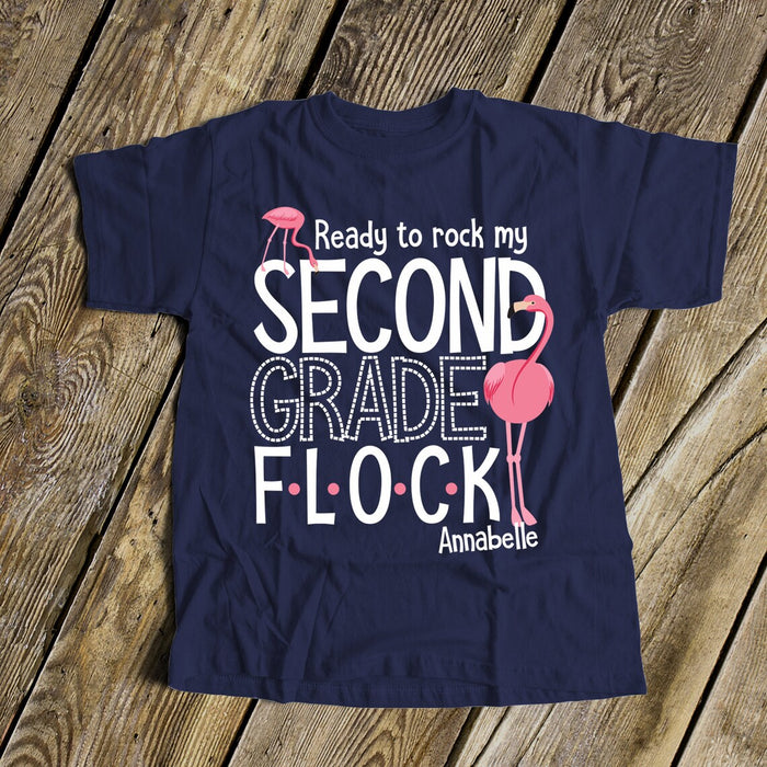 Personalized T-Shirt For Kids Ready To Rock My Second Grade Flock Pink Flamingo Custom Name & Grade Level