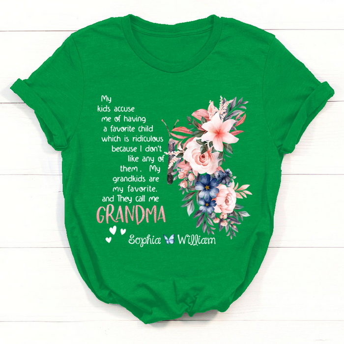 Personalized T-Shirt For Grandma Butterfly Artwork & Beautiful Flower Printed Custom Grandkids Name