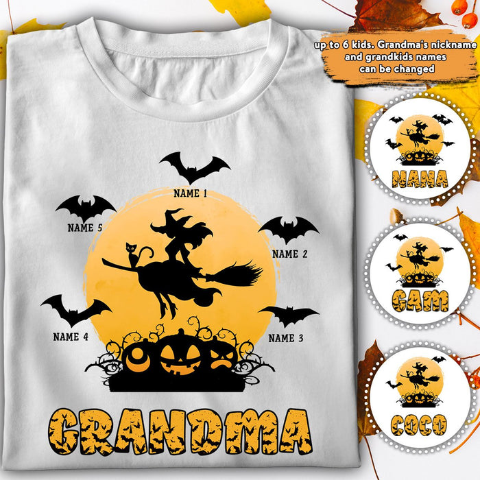 Personalized T-Shirt For Grandma Witch With Bat Printed Monster Pumpkin Custom Grandkids Name Shirt For Halloween