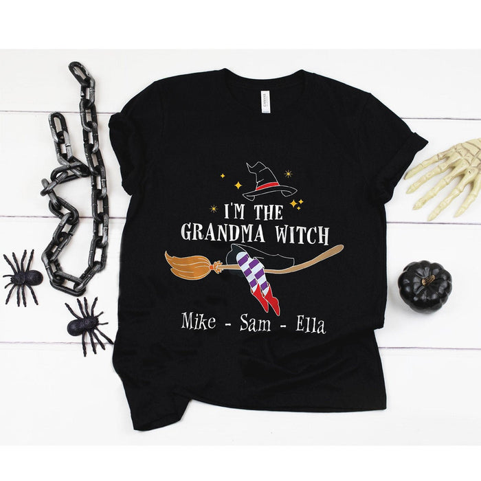 Personalized T-Shirt For Grandma I'm The Grandma Witch Hat & Broom Printed Custom Grandkids Name Shirt For Halloween
