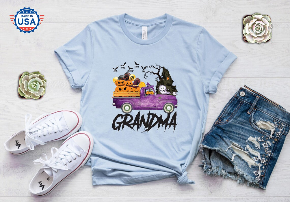 Personalized T-Shirt For Grandma Purple Pumpkin Truck With Ghost And Bat Printed Custom Grandkids Name Halloween Shirt