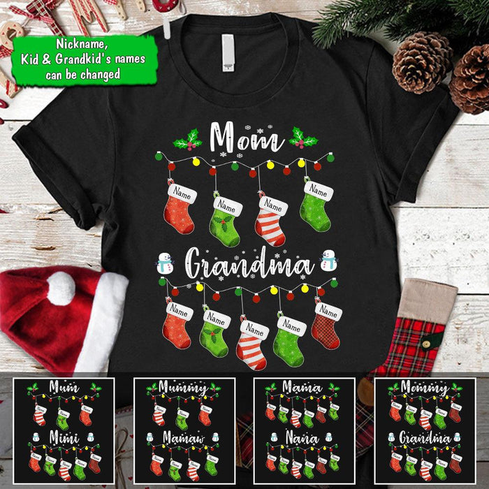 Personalized T-Shirt Mom To Grandma Print Colorful Socks With Cute Snowman & Snowflakes Custom Kids & Grandkids Name