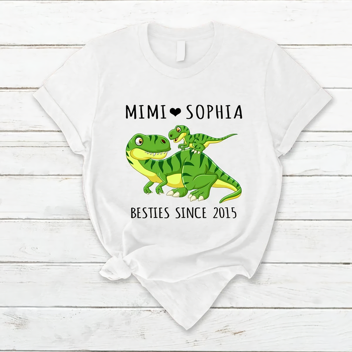 Personalized T-Shirt For Grandma Mimi Besties Since 2015 Cute Dinosaur With Baby Printed Custom Grandkid's Name