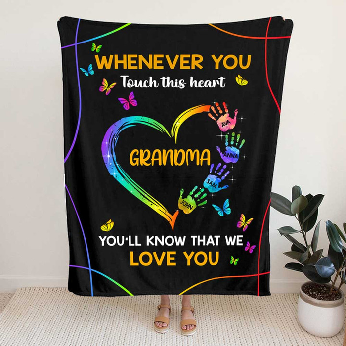 Personalized Blanket For Grandma Whenever You Touch This Heart Handprint Heart & Butterflies Custom Grandkids Names