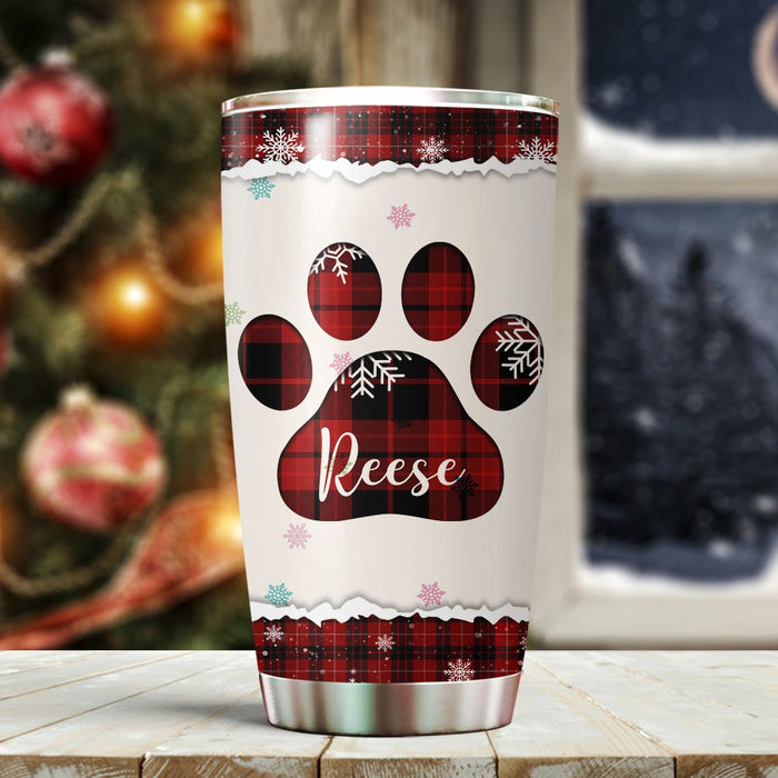Personalized Tumbler For Pet Lover Red Plaid Buffalo Dog Paws Snow Custom Name Travel Cup Gifts For Christmas Birthday