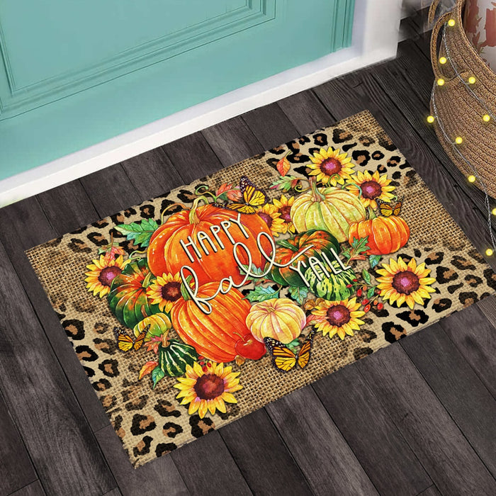 Welcome Doormat For Fall Doormat Happy Fall Y'all Pumpkin Sunflower & Butterfly Printed Leopard Colorful Design