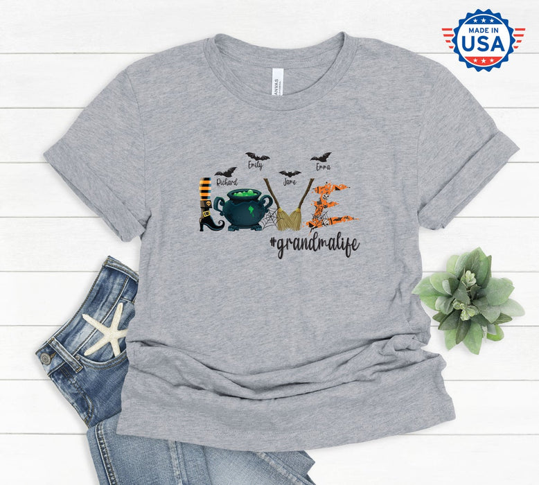 Personalized T-Shirt For Grandma Love Hashtag Grandma Life Witch Shoes Broom And Bat Printed Custom Grandkid's Name