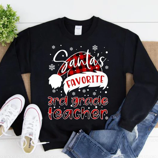 Personalized Sweatshirt For Teacher Santa's Favorite 3rd Grade Teacher Santa Hat & Snowflake Printed
